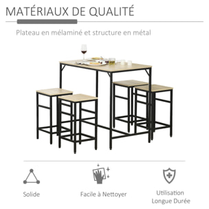 Ensemble table de bar design industriel + 4 tabourets repose-pieds panneaux particules imitation chêne clair métal noir
