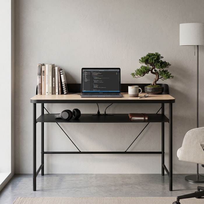 Hariyang - Scrivania in metallo con ripiano in legno 120x50 cm dotata di 2 prese shuko e 2 porte USB