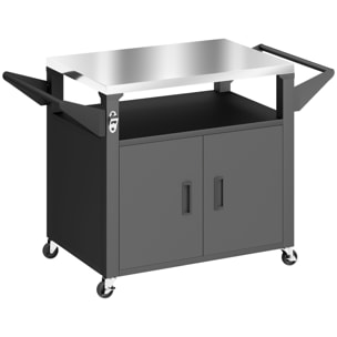 Desserte jardin chariot plancha 2 portes étagère métal noir acier inox