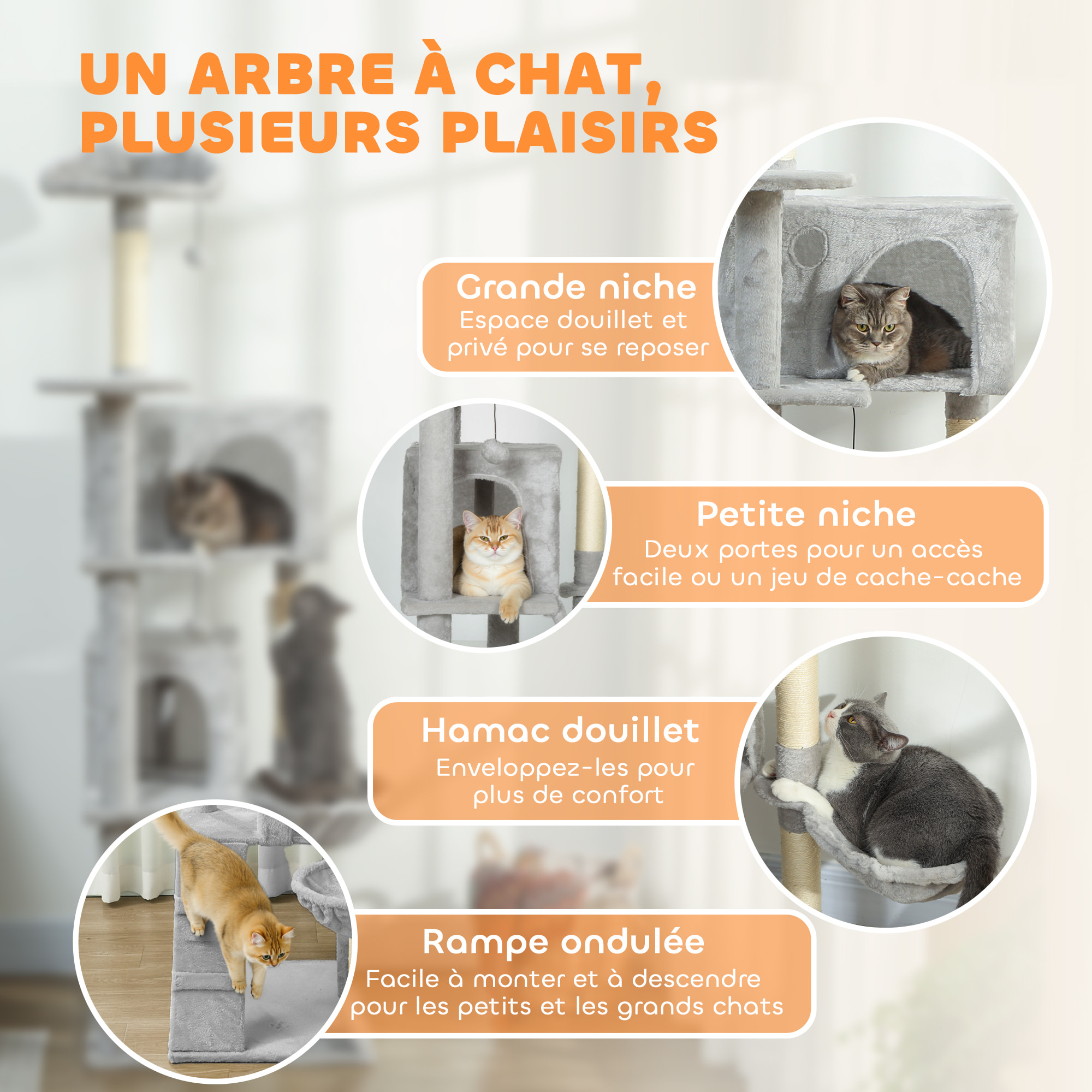 Arbre à chat grande taille H.180cm - niches, hamac, griffoirs, plateformes - gris clair