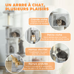 Arbre à chat grande taille H.180cm - niches, hamac, griffoirs, plateformes - gris clair
