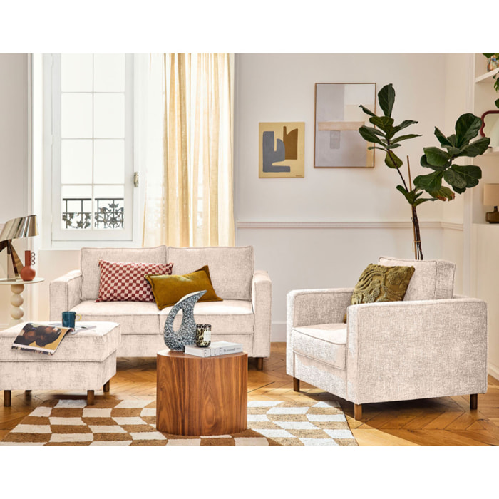 Jake - pouf en tissu velours relief - pieds en bois foncé - Beige