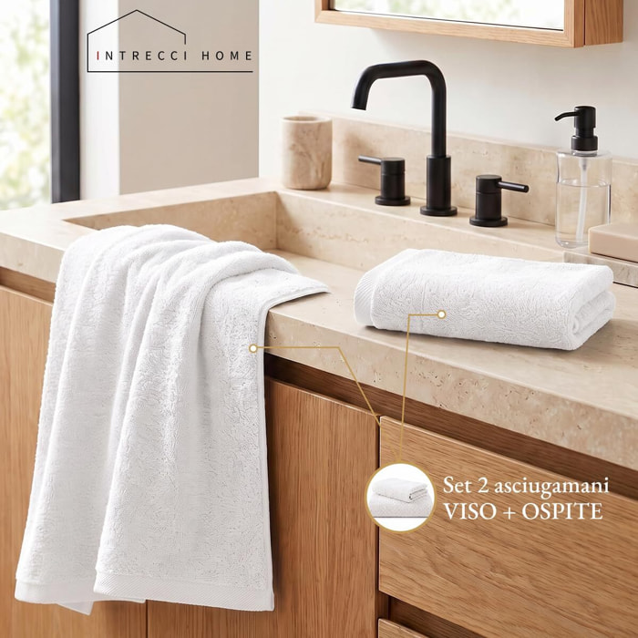 INTRECCI HOME Set Bagno Asciugamani Viso e Ospite, in Puro Cotone 500 g, Morbidezza Extra, Assorbenza Superiore