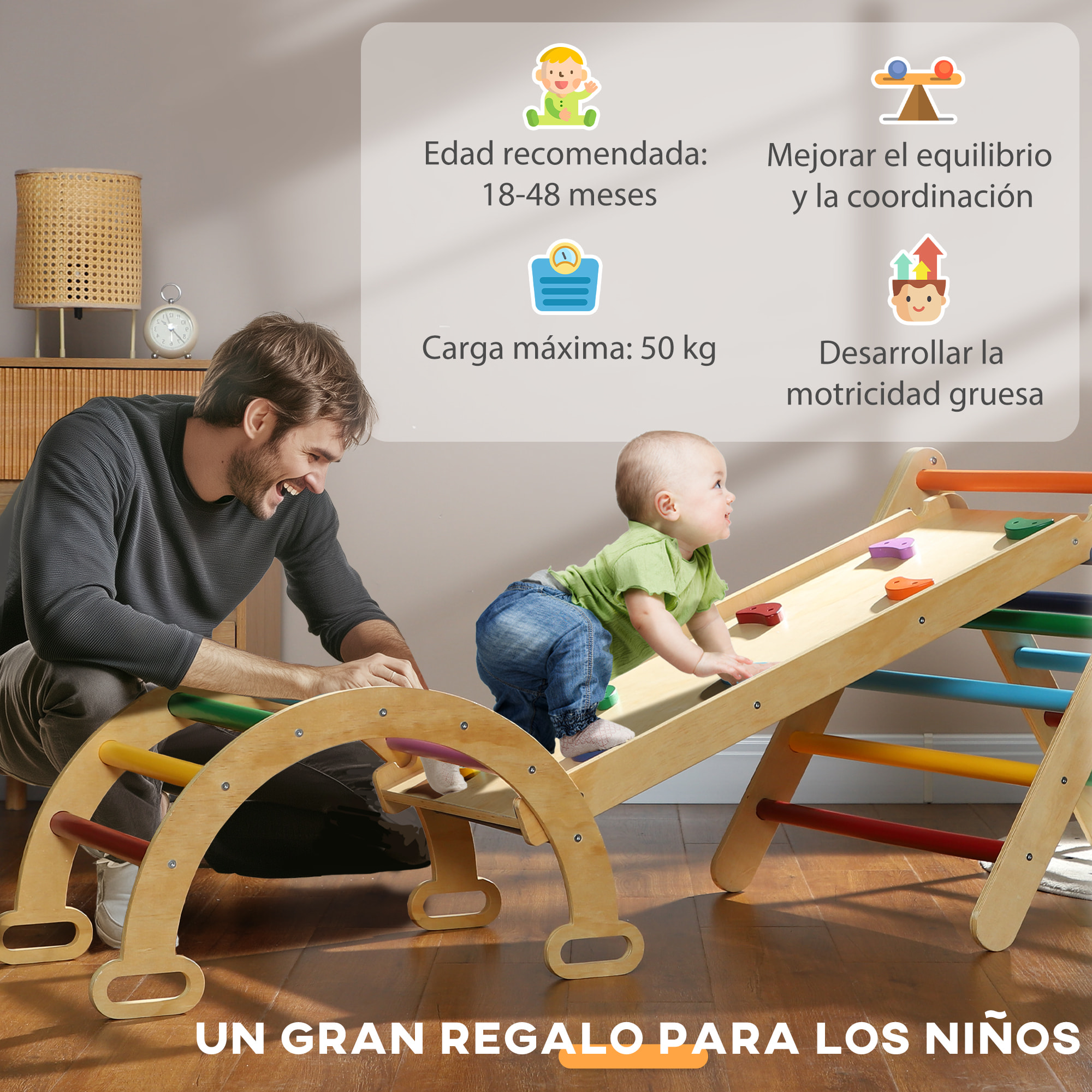 5 en 1 Triángulo de Escalada Montessori con Arco y Rampa, Escalada para Niños de Madera Plegable, para 18-48 Meses, para Deslizarse o Escalar, 178x64,5 cm, Multicolor