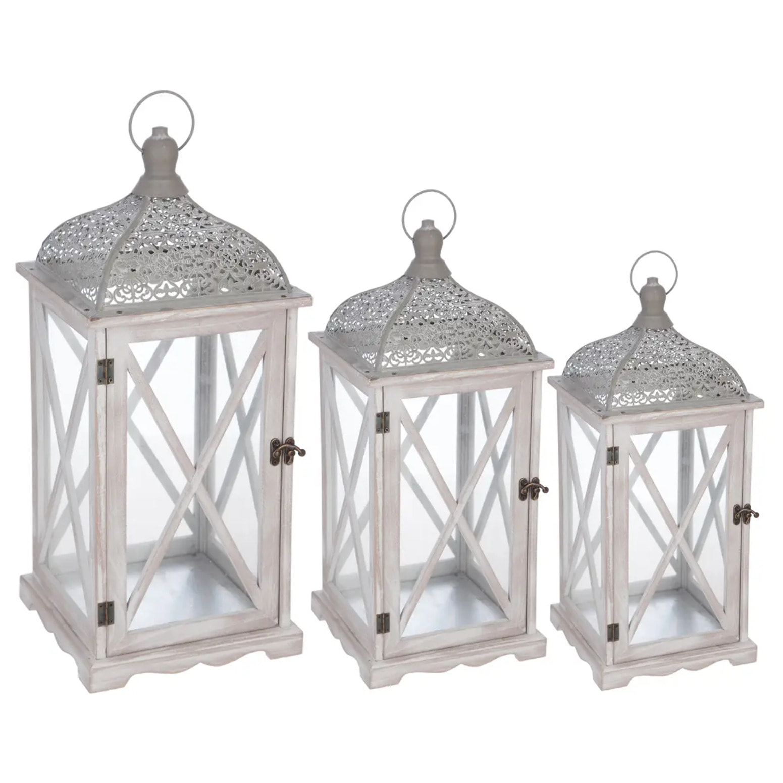 Set de 3 lanternes "Cut" - bois & verre - effet blanchi