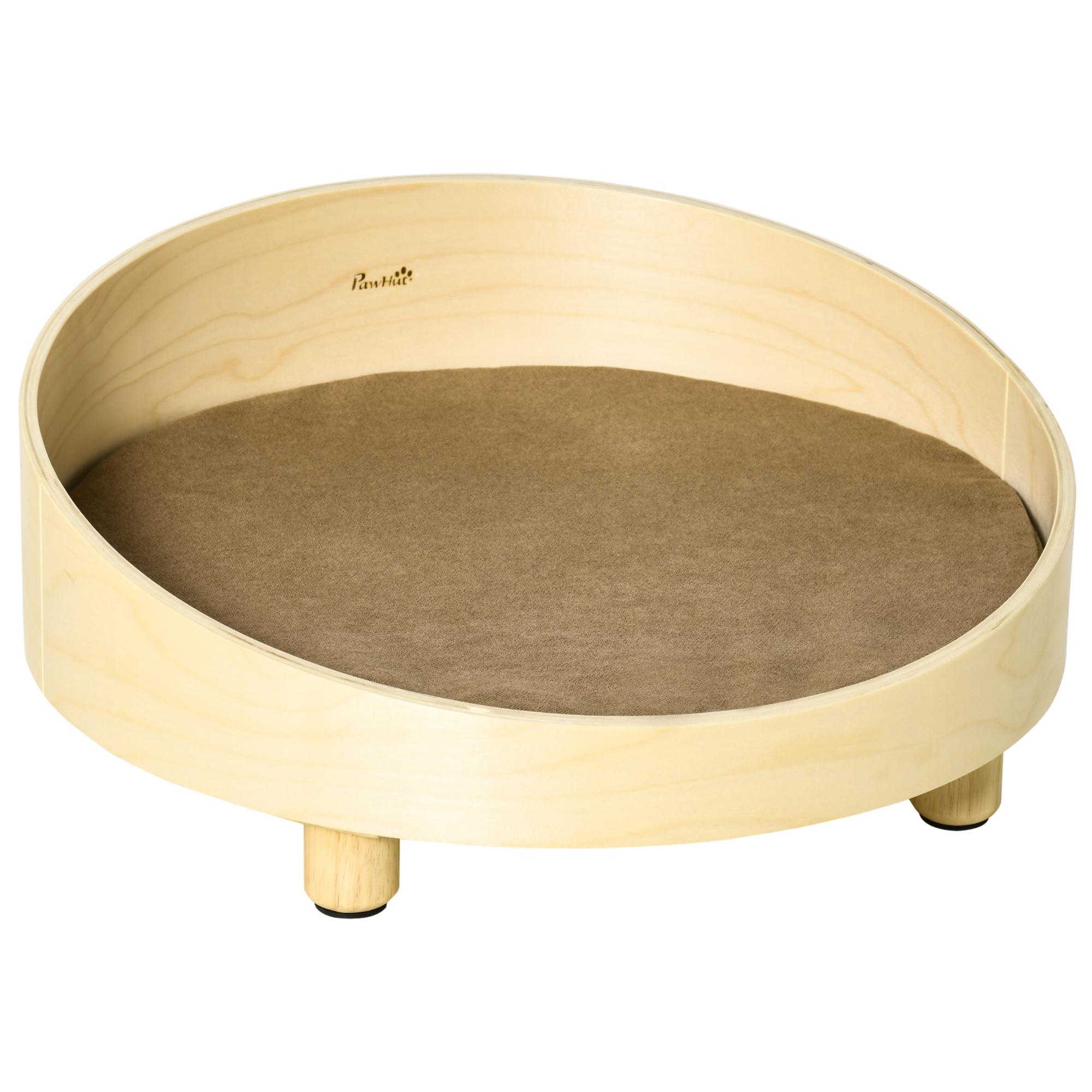 Cama de Madera para Perros Gatos Sofá Redondo para Mascotas Pequeñas con Cojín Acolchado y Patas Ø59x23,5 cm Natural