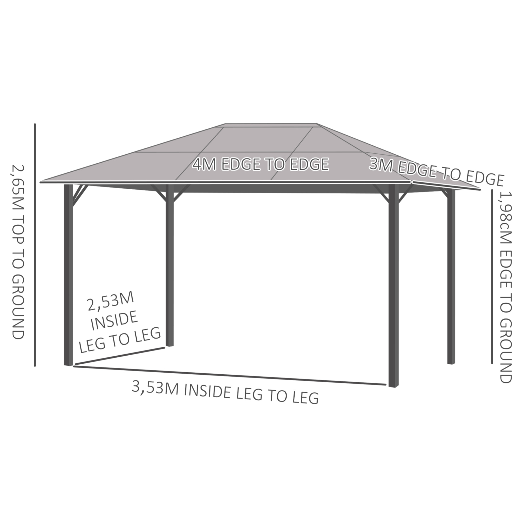 Pavillon de jardin tonnelle rigide dim. 4L x 3l x 2,65H m 4 parois latérales anti-UV gris 4 moustiquaires zippées alu. métal polycarbonate noir brun