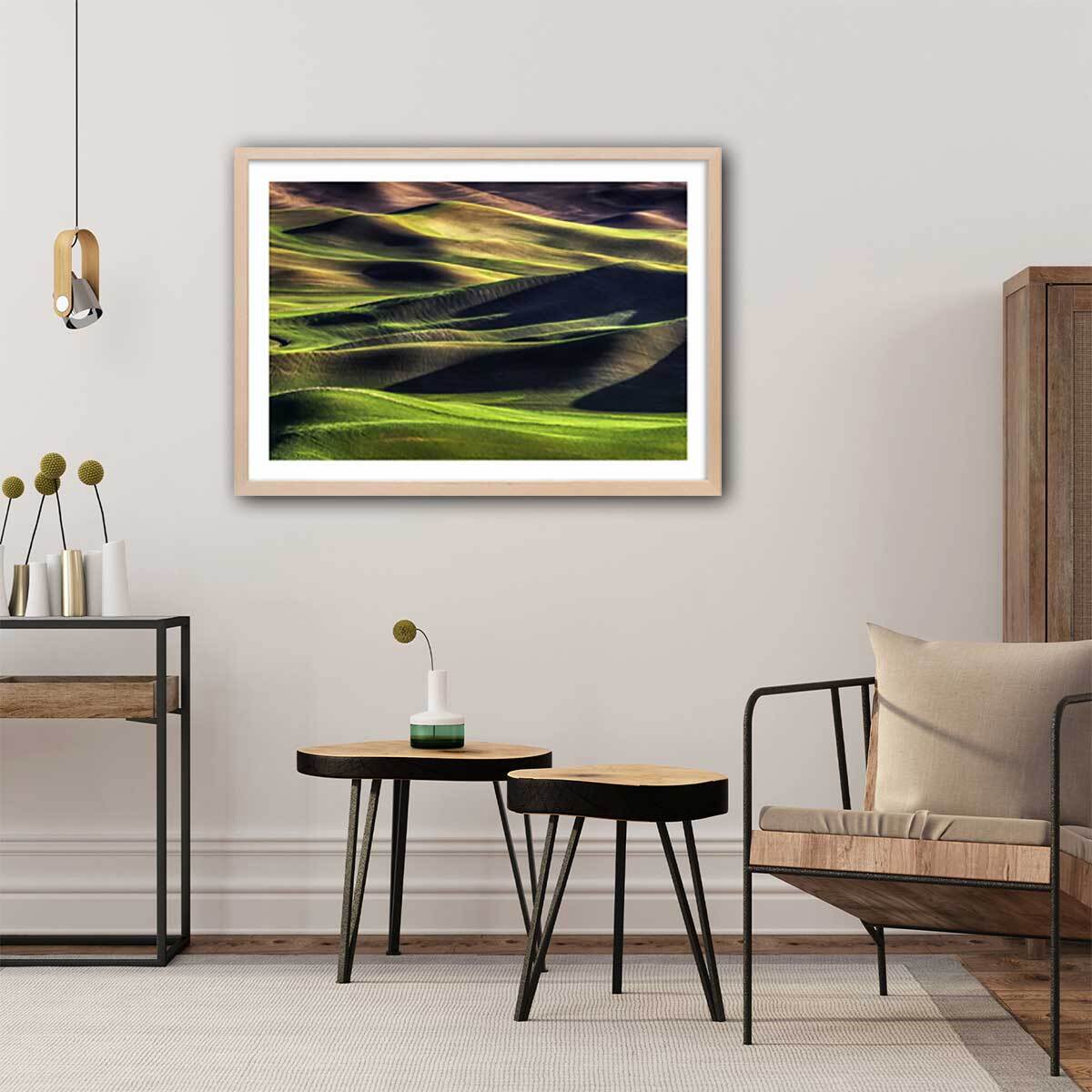 Affiche ""Champs et colline USA"" Affiche + cadre en bois - Chêne