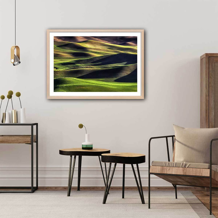 Affiche ""Champs et colline USA"" Affiche + cadre en bois - Chêne