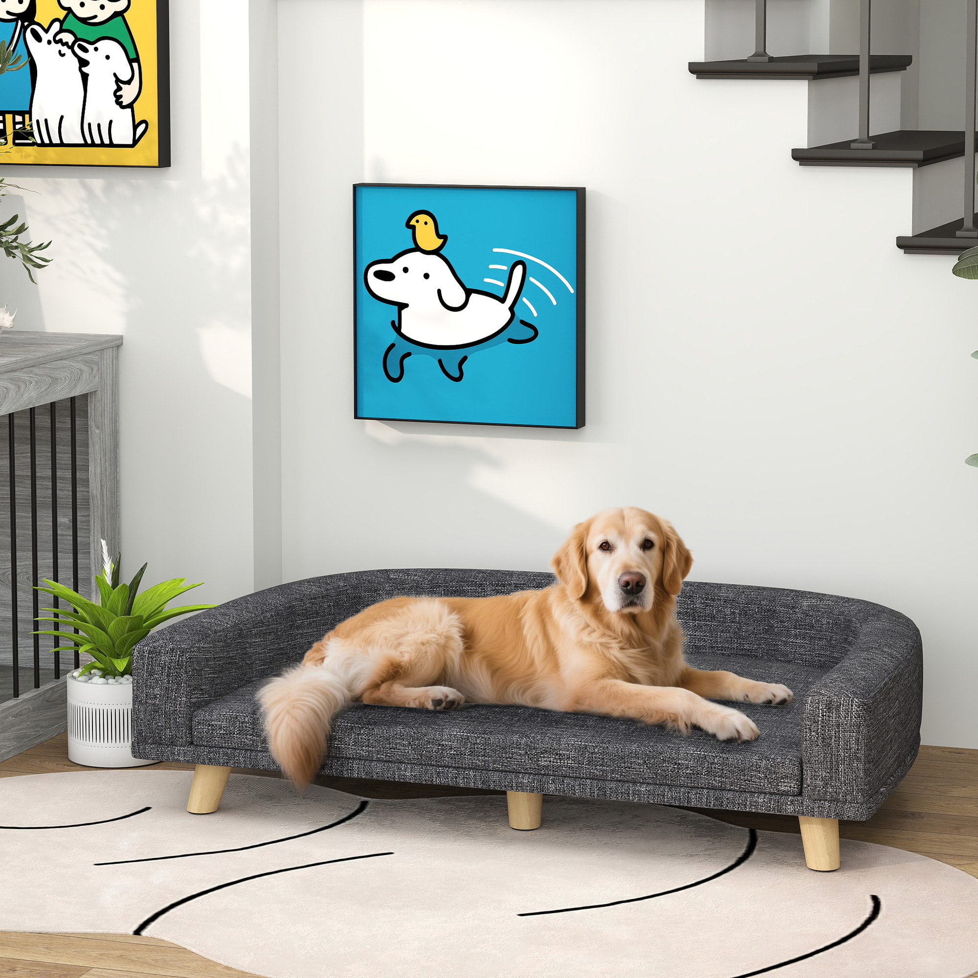 Canapé chien lit pour chien design scandinave coussin déhoussable dim 98L x 67l x 25H cm pieds bois tissu polyester anthracite
