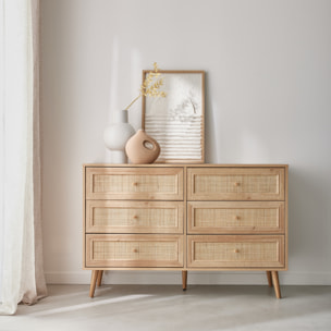 Commode décor bois et cannage 6 tiroirs BOHÈME