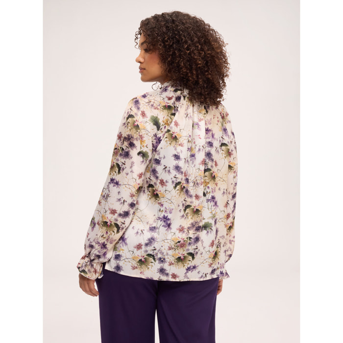 Fiorella Rubino - Blusa in raso con stampa floreale e fiocco - Beige