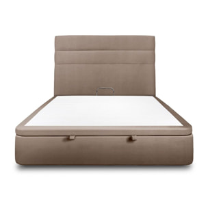 Lit avec sommier et tête de lit à lignes - Tissu velours au style chic - Adapté à tous les matelas, montage rapide - Esprit hôtel - Rangement XXL - Hauteur Totale : 39cm