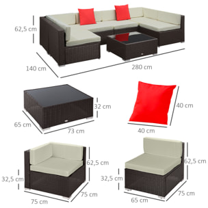 Ensemble salon de jardin 7 pièces modulables table basse plateau verre trempé coussins déhoussables inclus résine tressée imitation rotin brun foncé