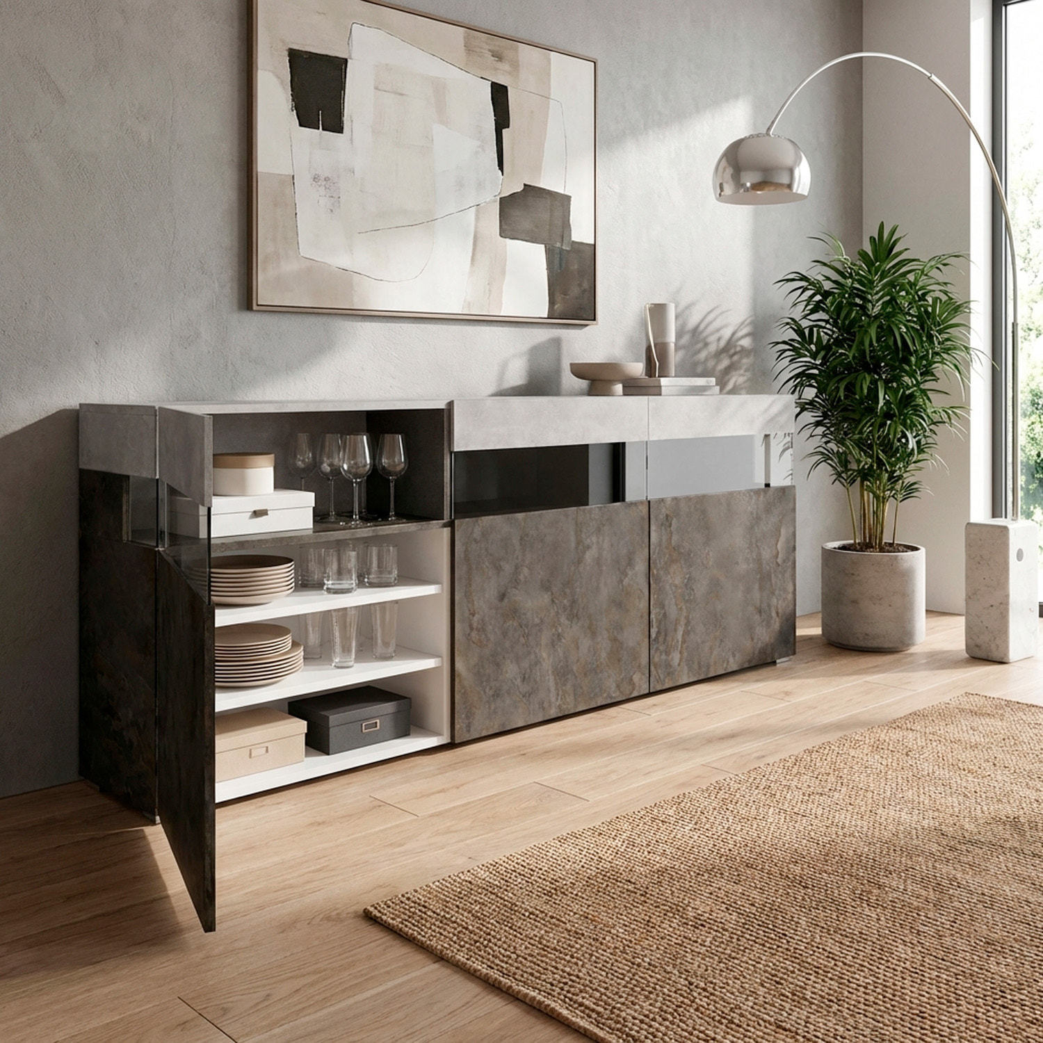 Madia Soggiorno Con 3 Ante Push-Pull E 3 Vani A Giorno in Vetro Mobile Credenza Moderna Zona Living 180 x 41.2 x 80 Cm Ossido E Grigio Cemento