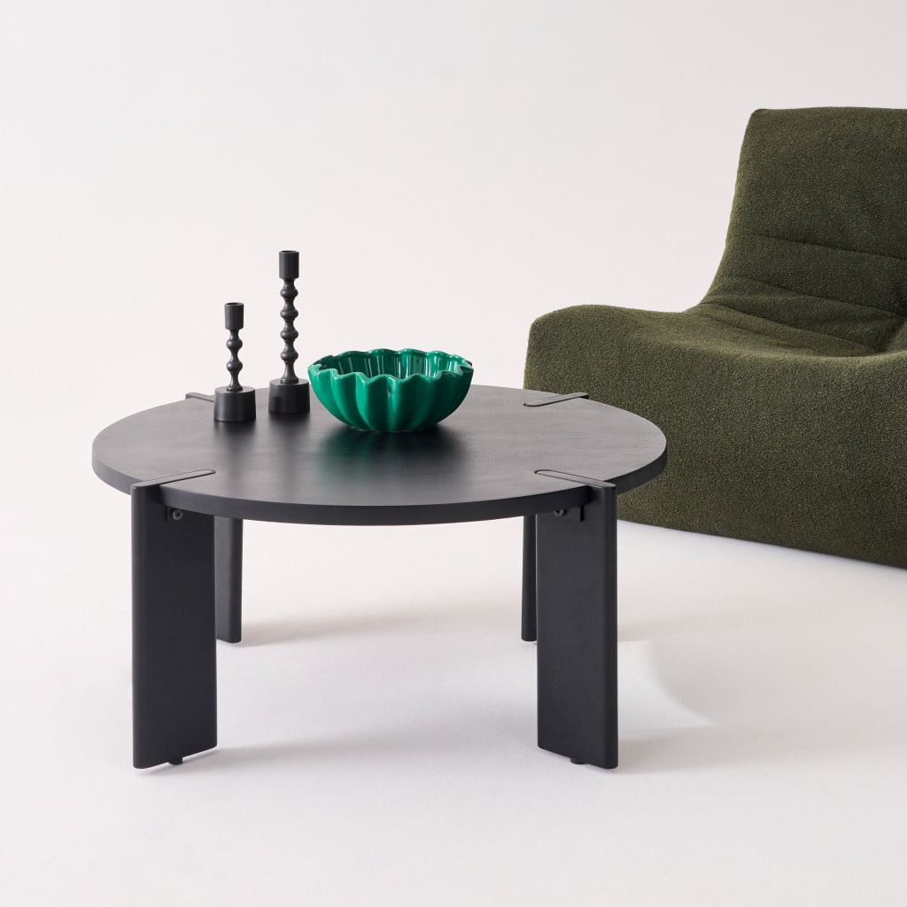 Table basse ronde en bois de manguier massif noir 80 cm - Reva