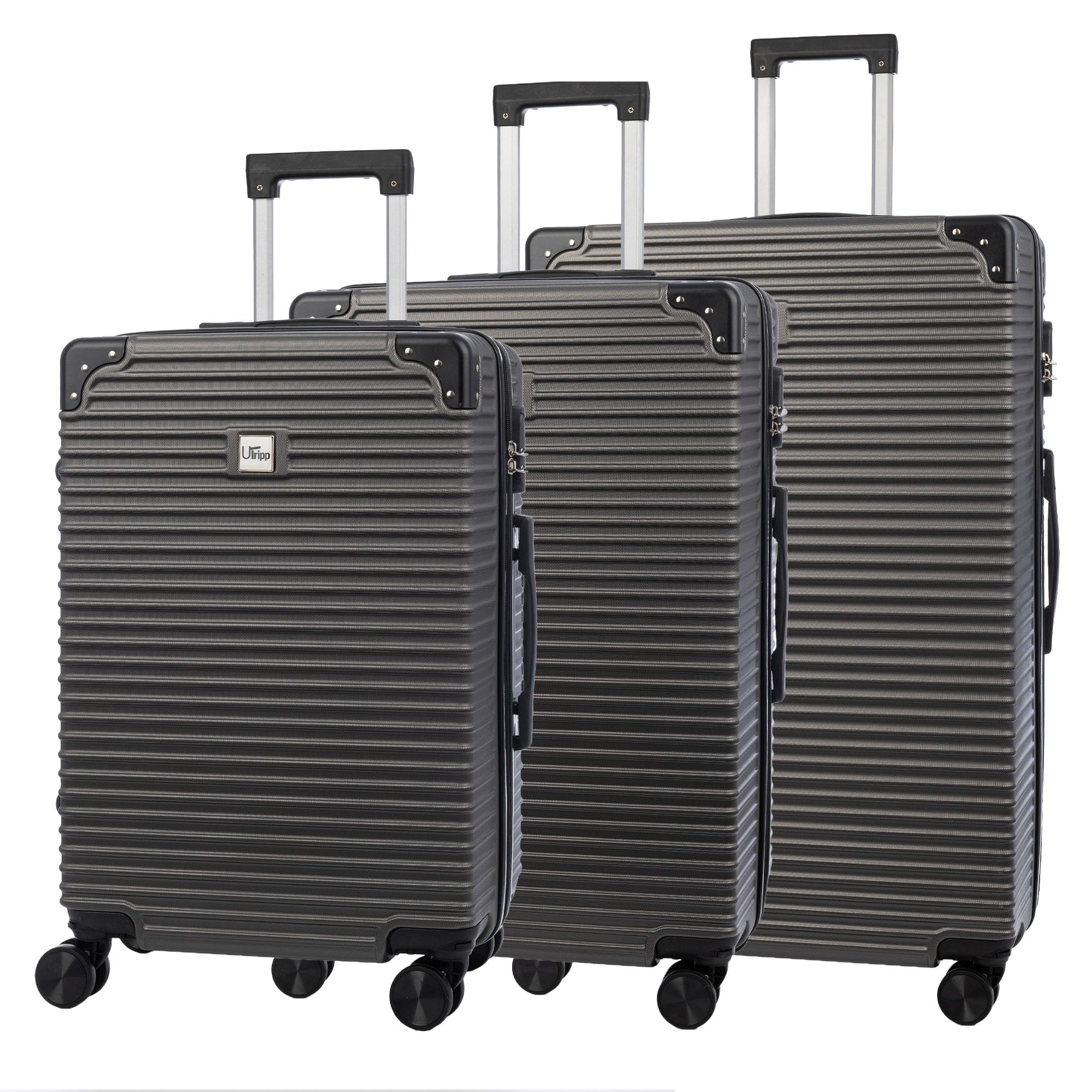 Set di 3 valigie Trolley, in materiale leggero ABS ad alta resistenza con angoli rinforzati. Chiusura numerica e 4 ruote doppie estraibili e rotanti a 360°.