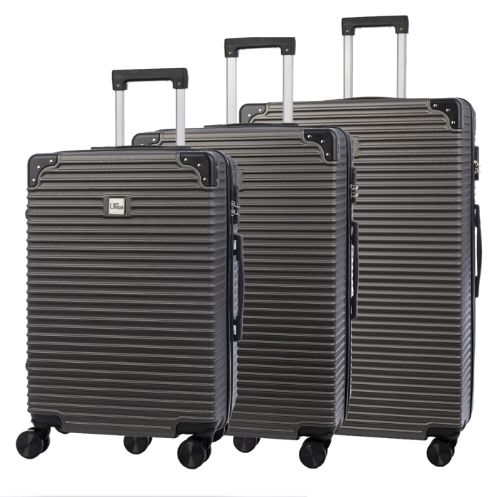 Set di 3 valigie Trolley, in materiale leggero ABS ad alta resistenza con angoli rinforzati. Chiusura numerica e 4 ruote doppie estraibili e rotanti a 360°.