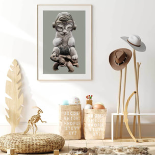 Affiche enfant chat sur une tortue  Affiche + cadre en bois - Chêne