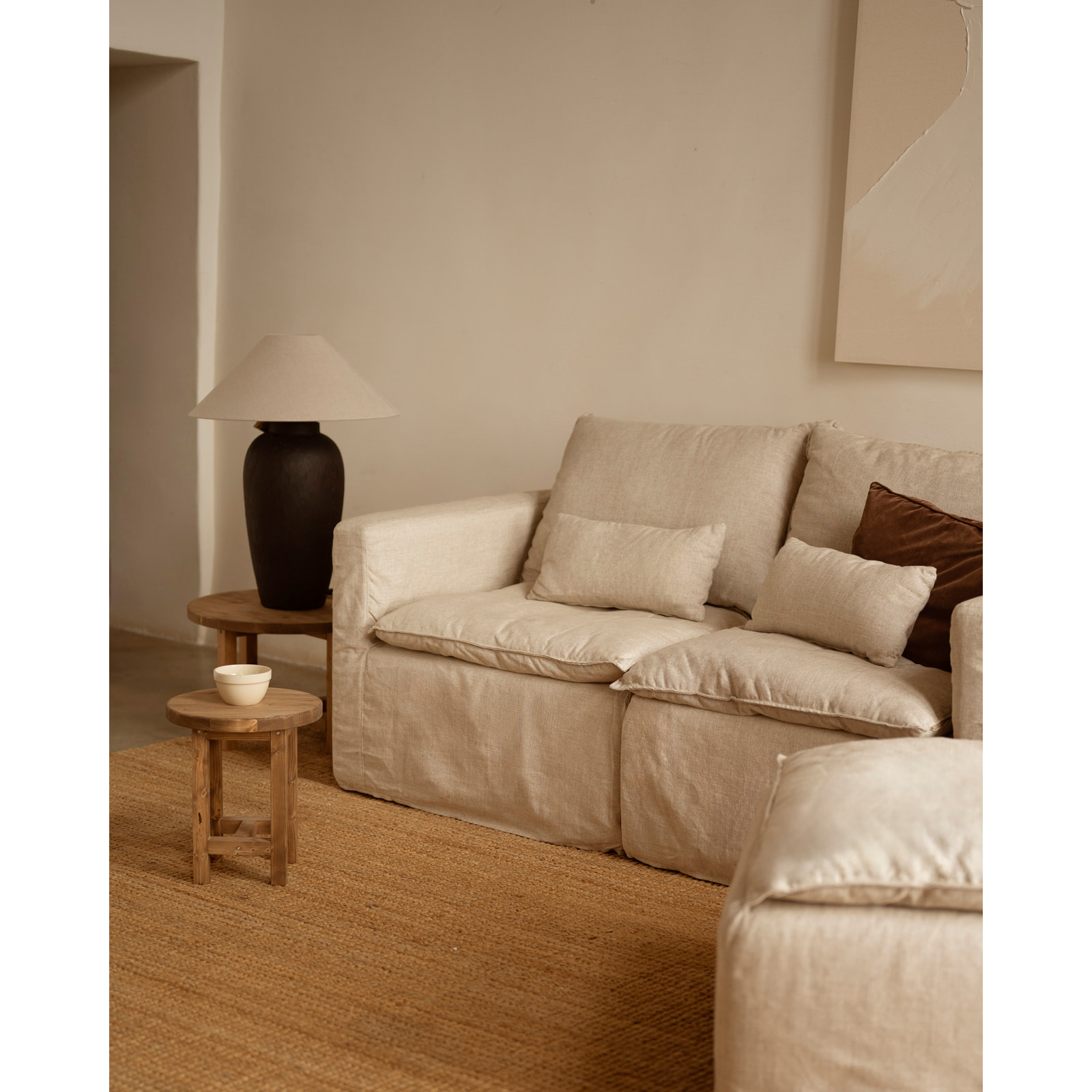Módulo de algodón y lino con reposabrazos derecho desenfundable tono beige de 97x96cm Alto: 99 Largo: 97 Ancho: 96
