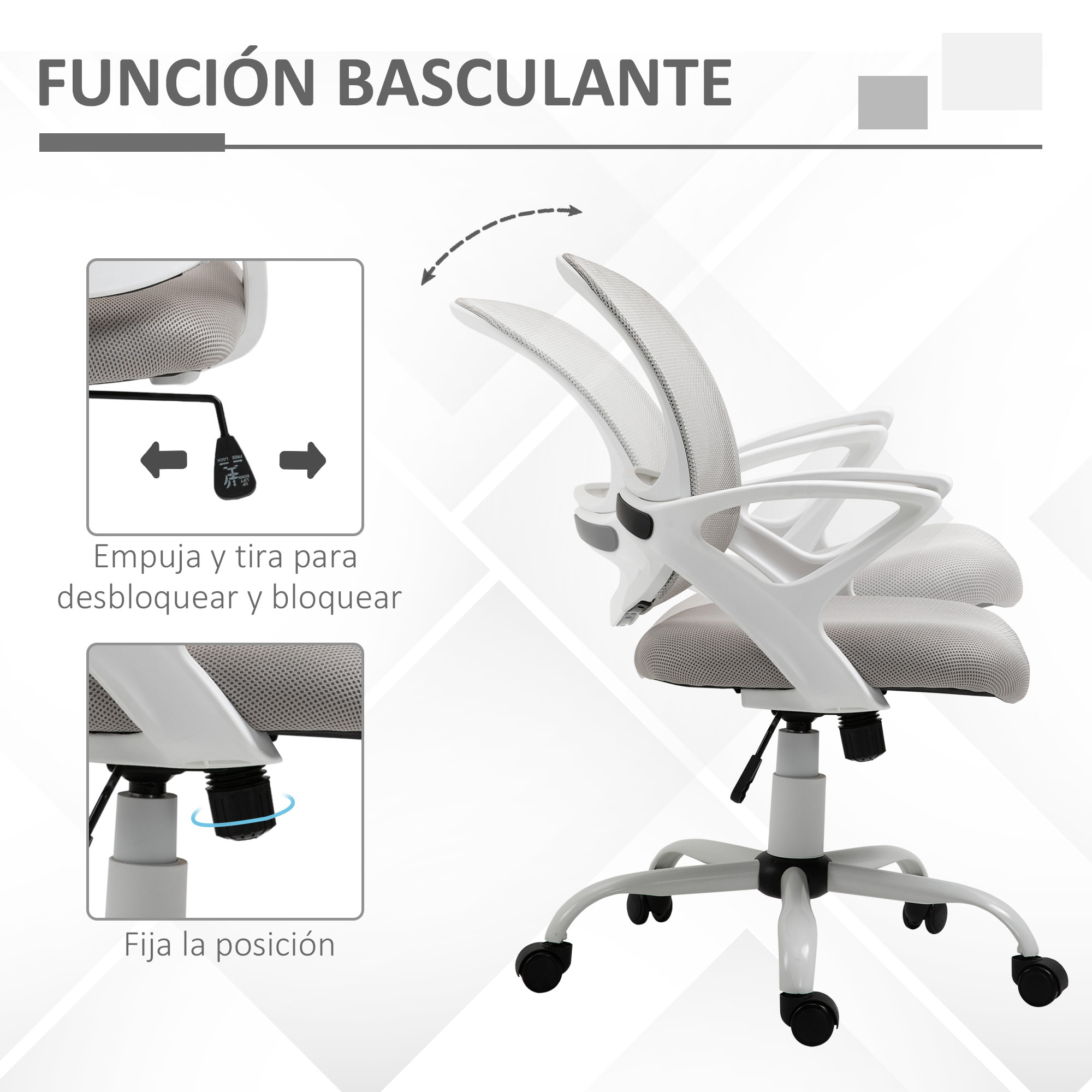 Vinsetto Silla de Oficina Ergonómica Silla de Escritorio Basculante con Altura Ajustable Asiento Giratorio 360° y Soporte Lumbar Malla Transpirable 61x61x89-99 cm Gris