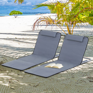 Conjunto de 2 Esterillas de Playa Plegable Esterillas con Respaldo Reclinable en 5 Niveles Reposacabezas y Bolsa de Transporte 134x48x33-43 cm Gris