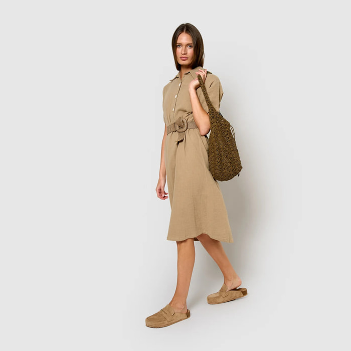 Vestido midi manga fluida muselina cuerda