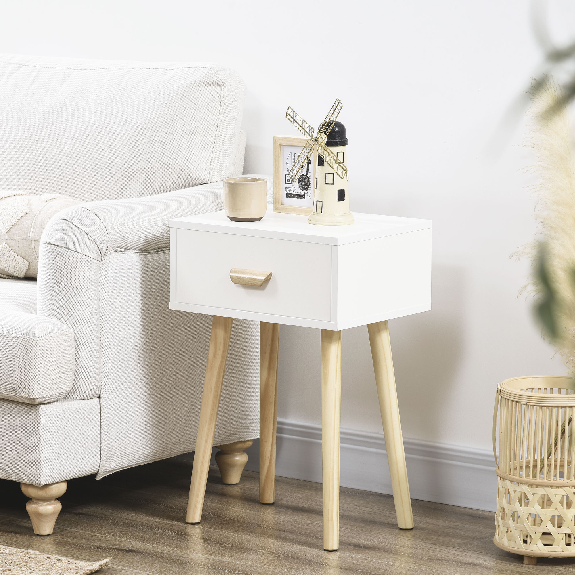 Juego de 2 Mesitas de Noche Modernos con Cajón y Patas de Madera 40,5x30,5x60 cm