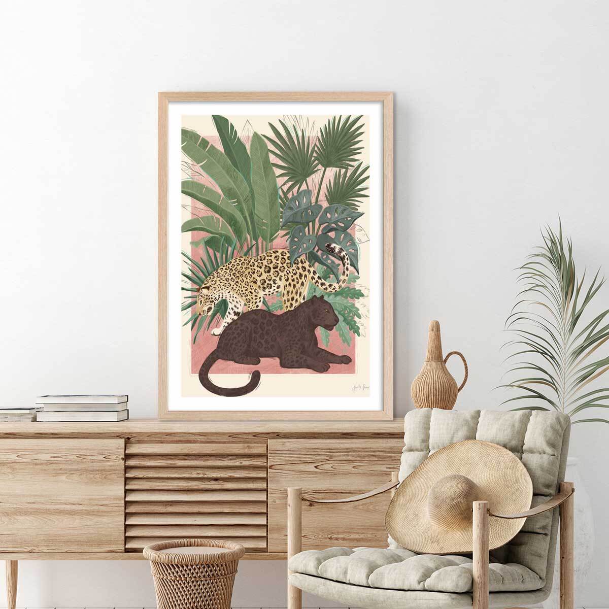 Poster black and white panthers Affiche + cadre en bois - Chêne