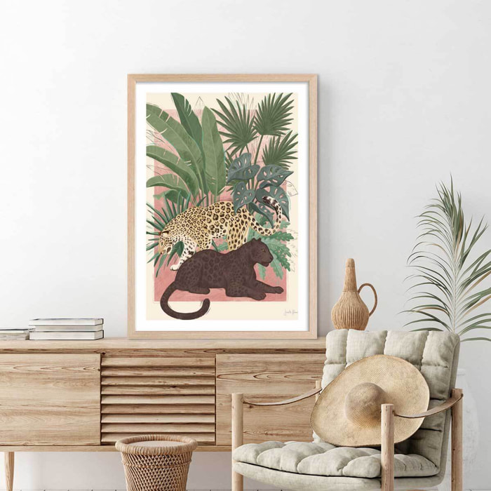 Poster black and white panthers Affiche + cadre en bois - Chêne