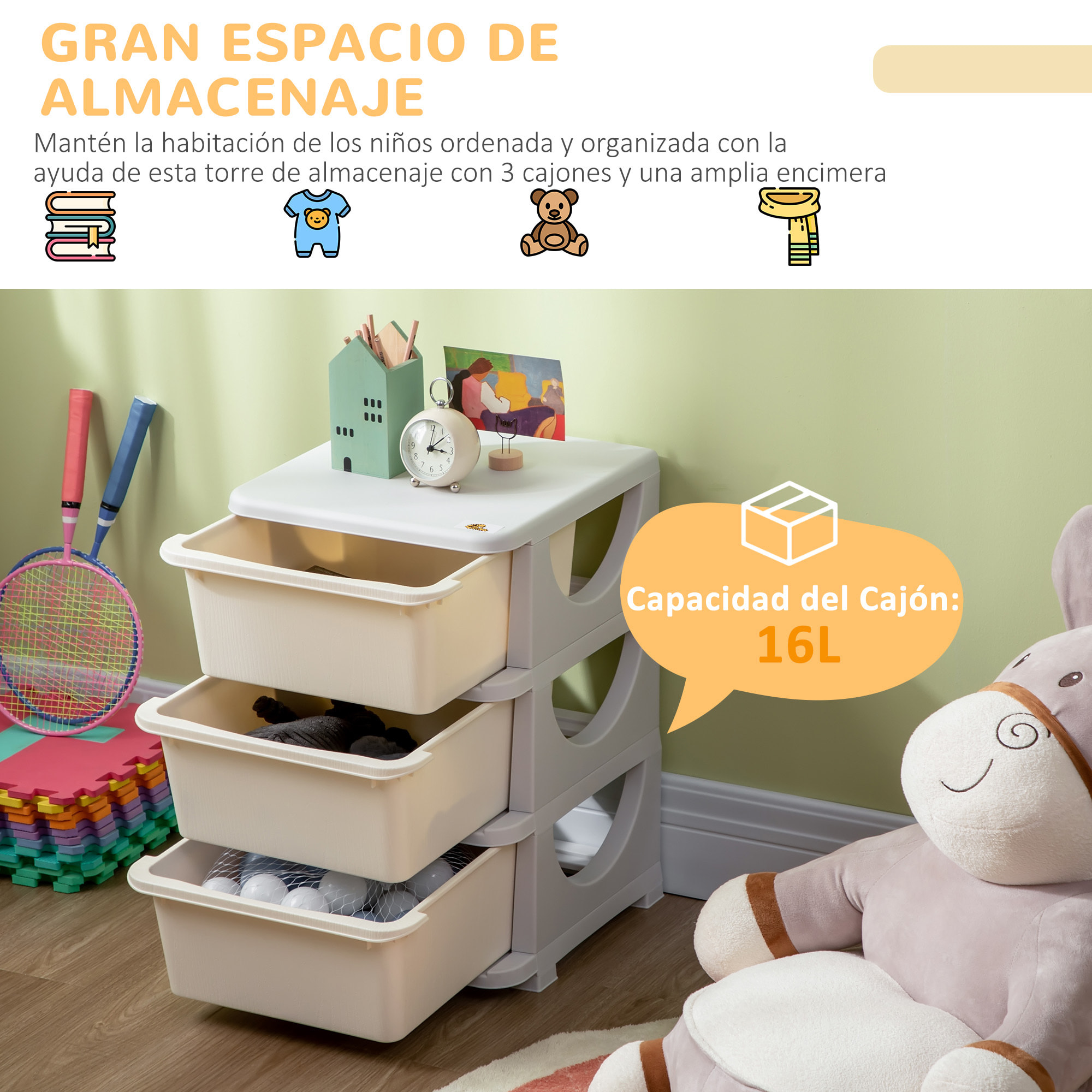 Torre de Almacenamiento Infantil con 3 Cajones Organizador de Juguetes para Niños +3 Años Gran Almacenaje con Asas para Juguetes Ropa Libros 37x37x56,5 cm Crema