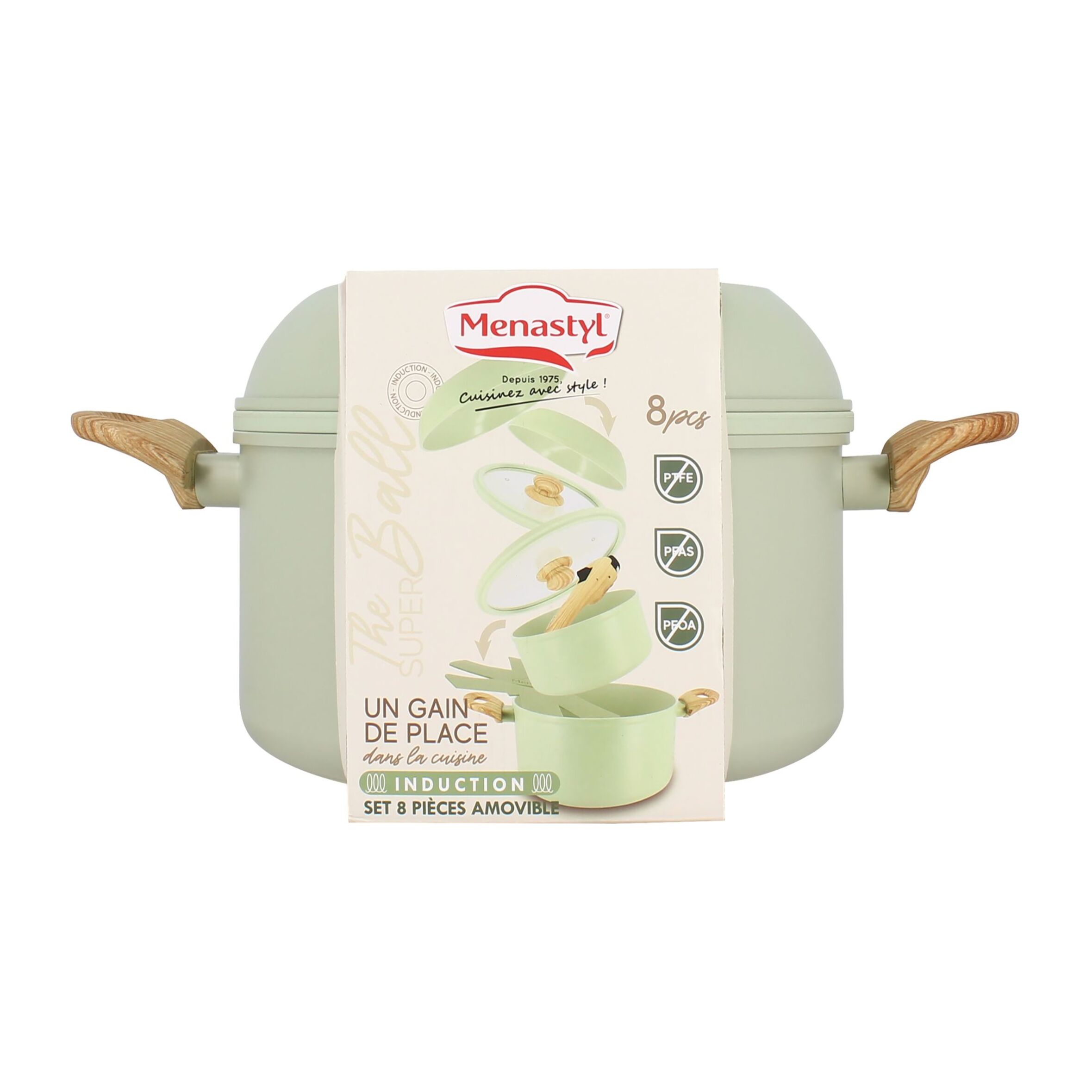 Batterie de cuisine amovible 8 pièces céladon en aluminium recyclé COLORAMA