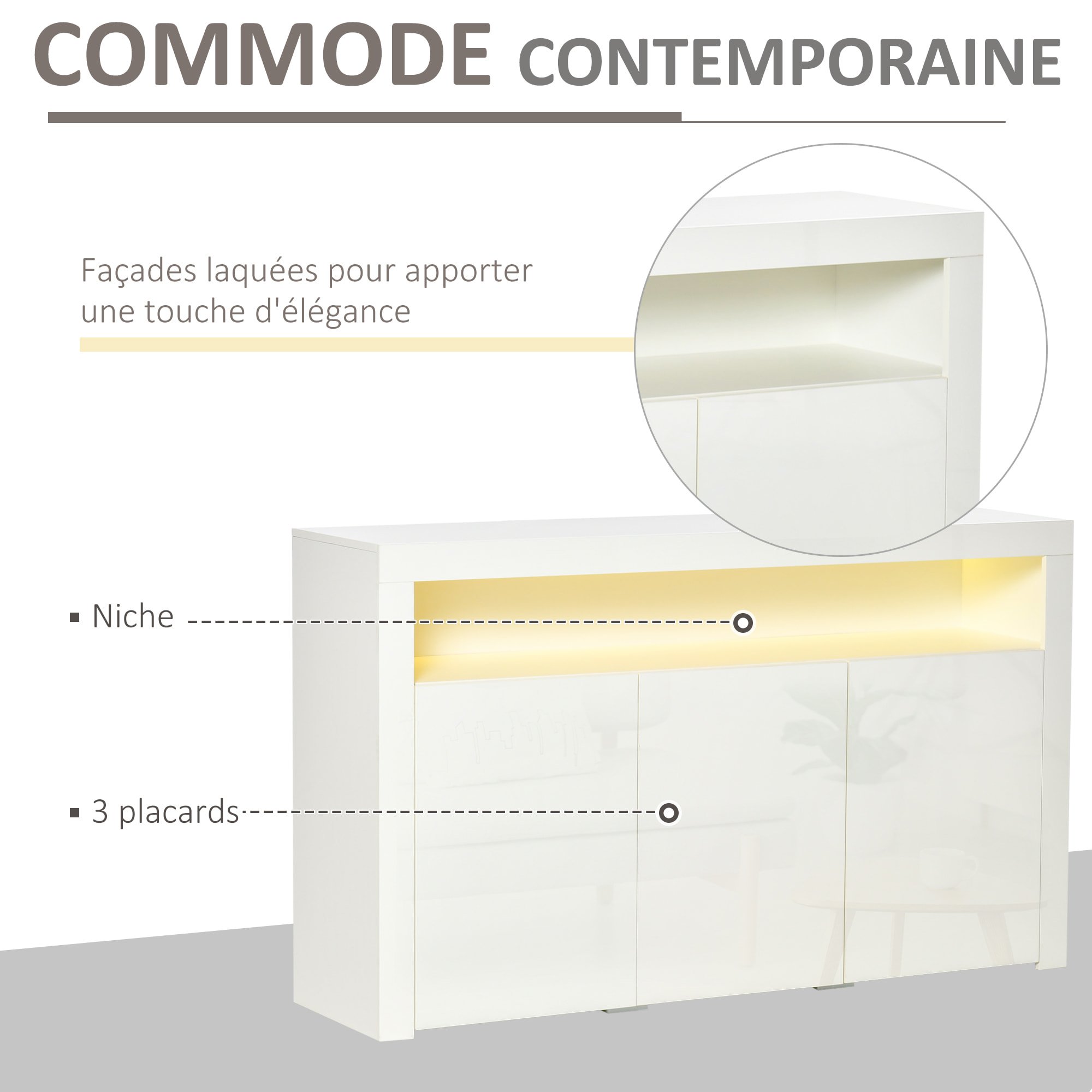 HOMCOM Buffet LED - meuble de rangement LED - 3 placards avec étagère et grande niche - panneaux particules MDF blanc laqué