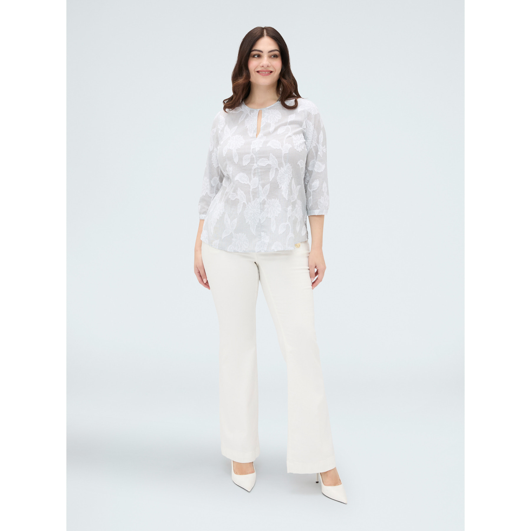 Fiorella Rubino - Blusa in cotone jacquard con ricamo floreale - Bianco