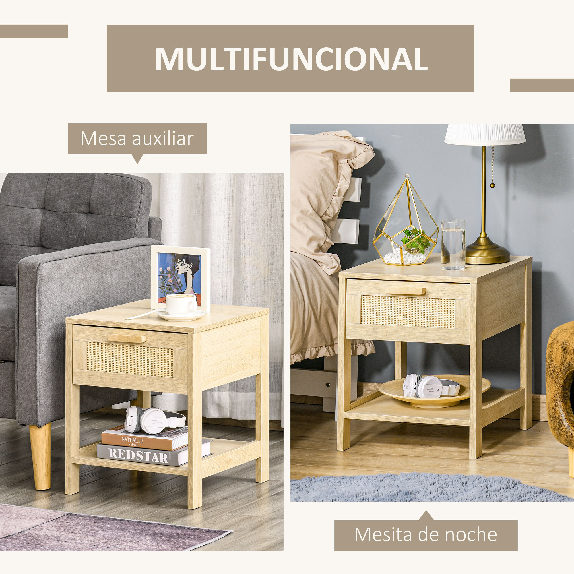 Conjunto 2 Mesitas de Noche Mesillas de Noche con Cajón de Ratán y Estante Inferior Carga 40 kg para Dormitorio Sala 40x40x48 cm Natural