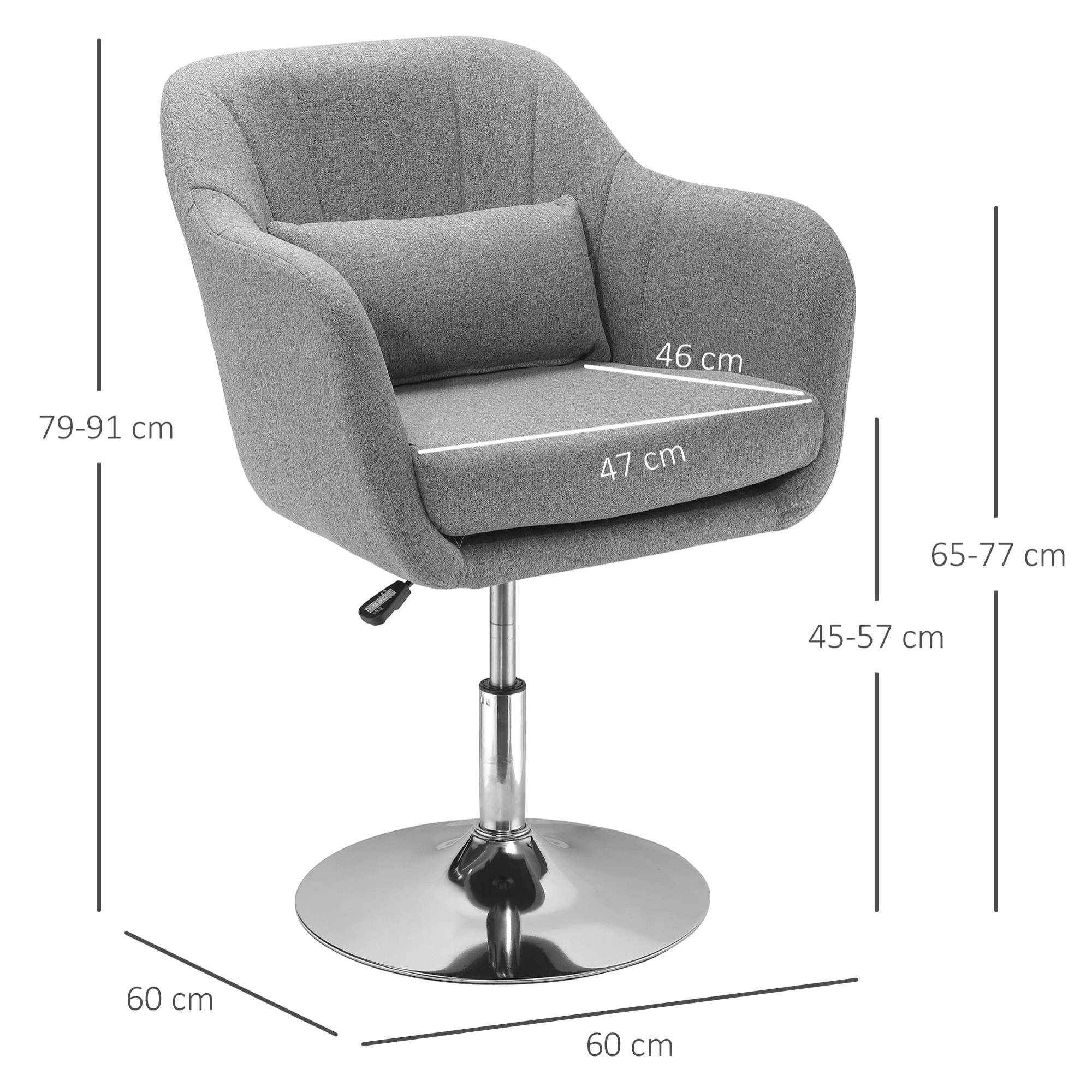 Fauteuil lounge design grand confort coussins lombaires hauteur réglable pivotant 360° piètement métal chromé lin gris