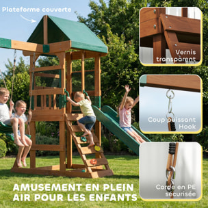 Aire de jeux bois 3,15 m toboggan 2 balançoires mur d'escalade toit toile vert