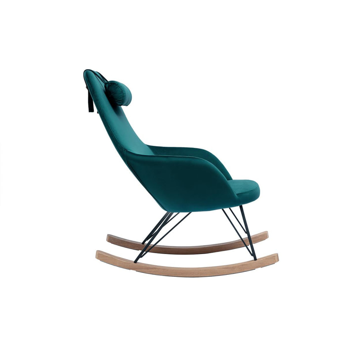 Rocking chair design en tissu velours bleu canard, métal noir et bois clair JHENE