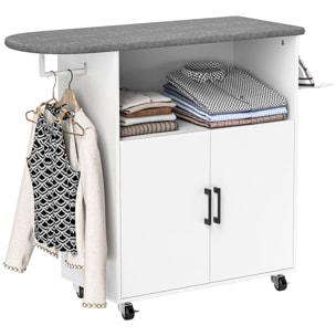 Mueble de Plancha con Ruedas Mueble de Planchado con Barra para Colgar Ropa Estante Abierto y Tabla de Planchar 125x43,5x102,5 cm Blanco