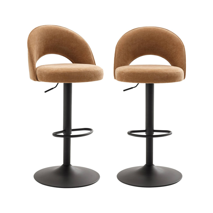 Lot de deux tabourets de bar ajustables métal et tissu camel. pied noir - L 49 x P 49 x H 88.5-110cm - Abby