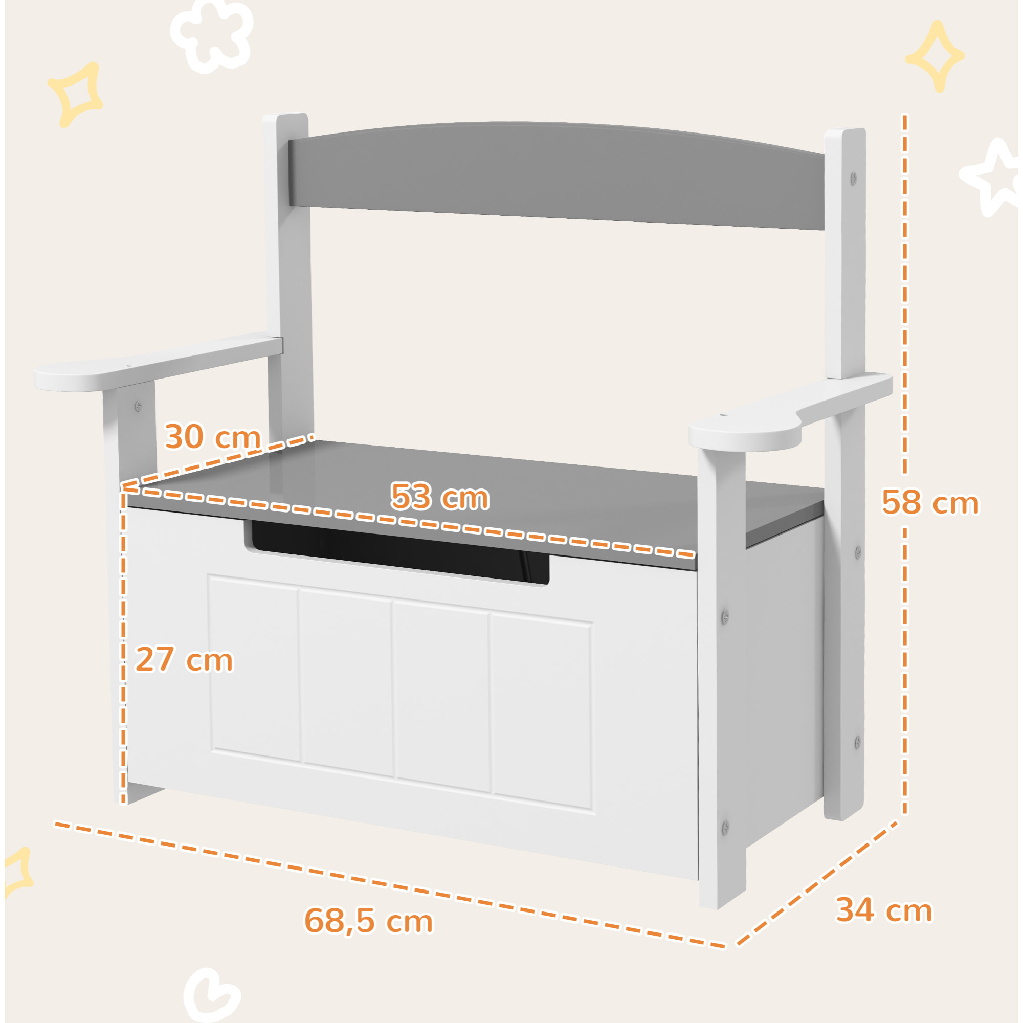 Coffre à jouets pour enfants 2 en 1 banc meuble de rangement et assise avec dossier et accoudoirs - vérin pneumatique 68,5L x 34l x 58H cm gris