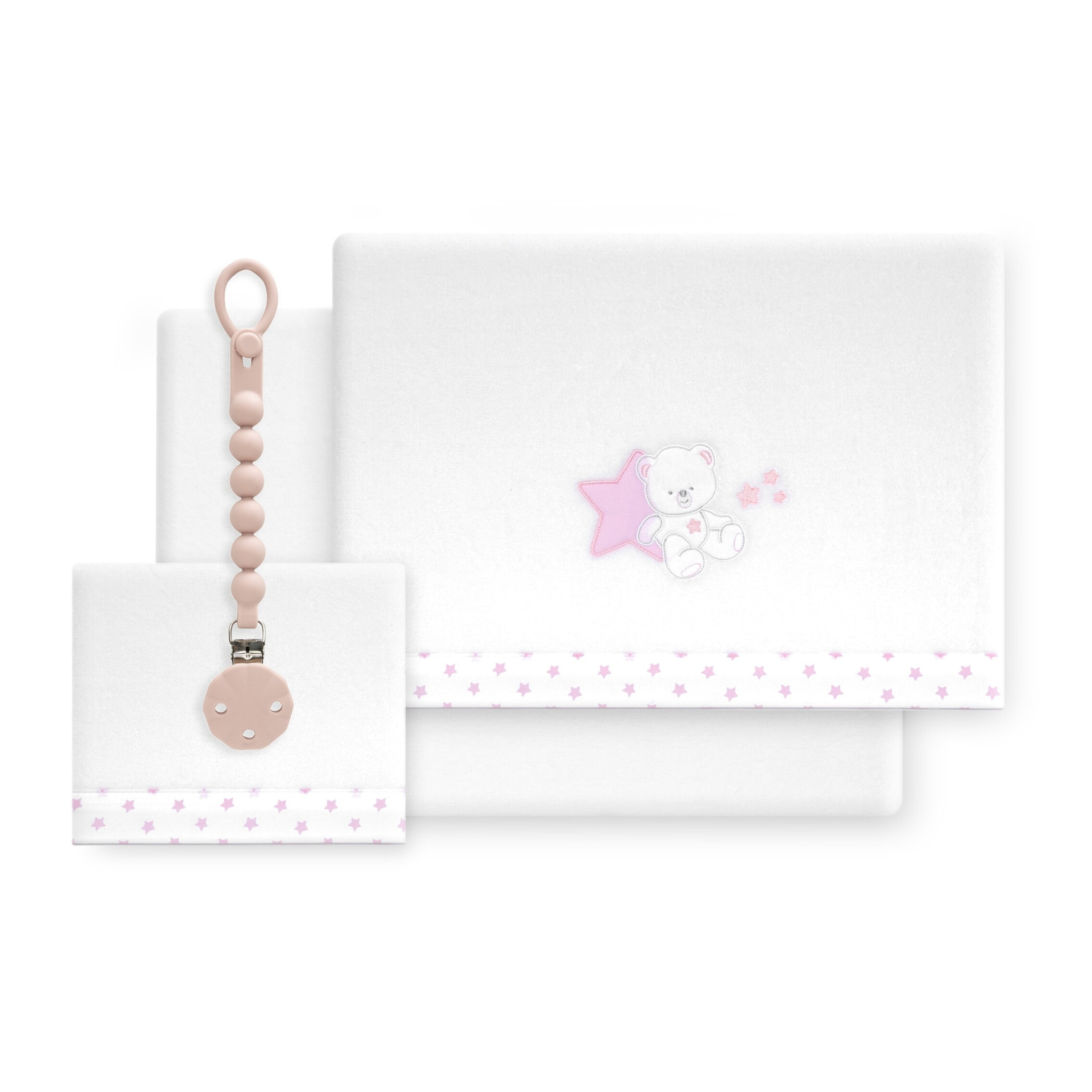 Triptico Cuna Coralina Modelo Osito Sentado + Broche Bco/Rosa