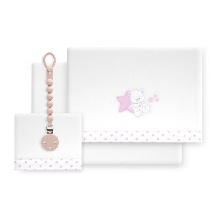 Triptico Cuna Coralina Modelo Osito Sentado + Broche Bco/Rosa