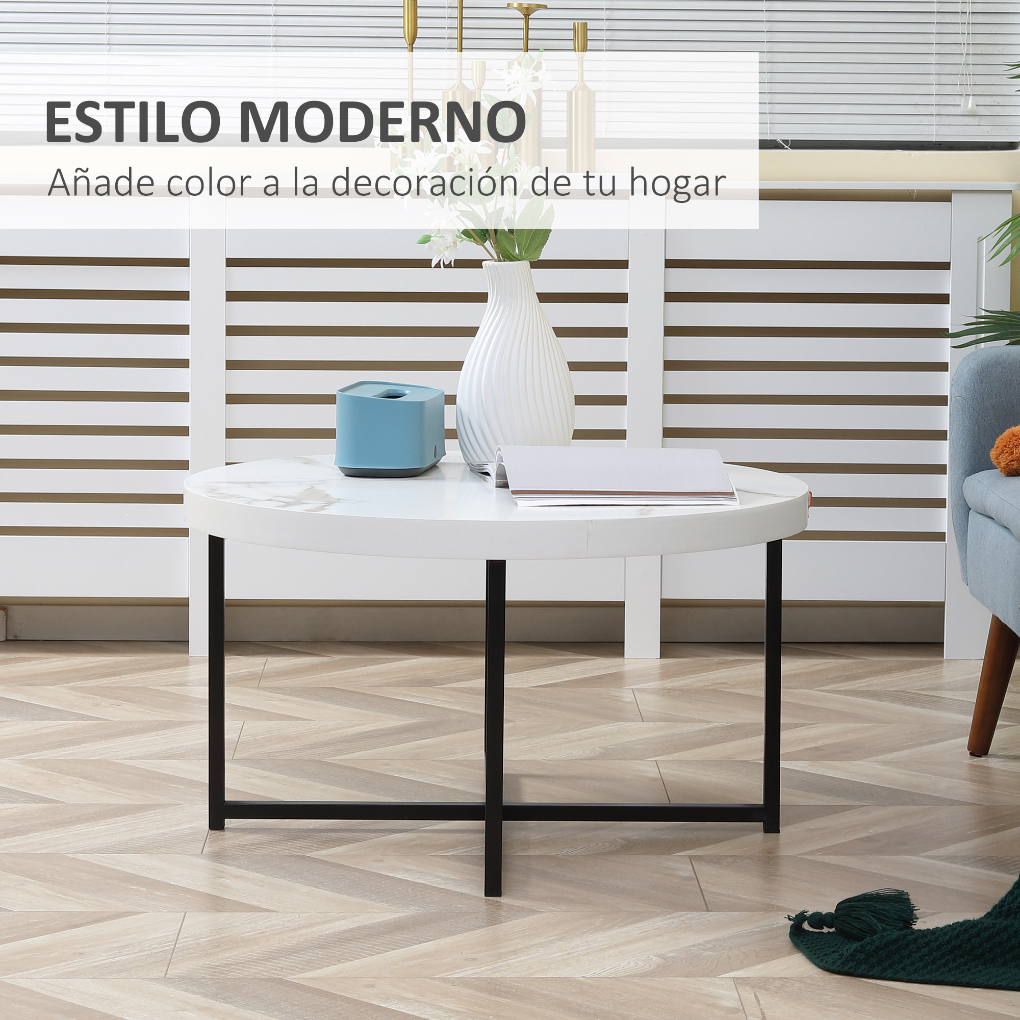 HOMCOM Mesa de Centro Mesa de Salón Redondo con Encimera Símil Mármol y Marco de Metal para Oficina Dormitorio Comedor Estilo Moderno 80x80x45 cm Blanco