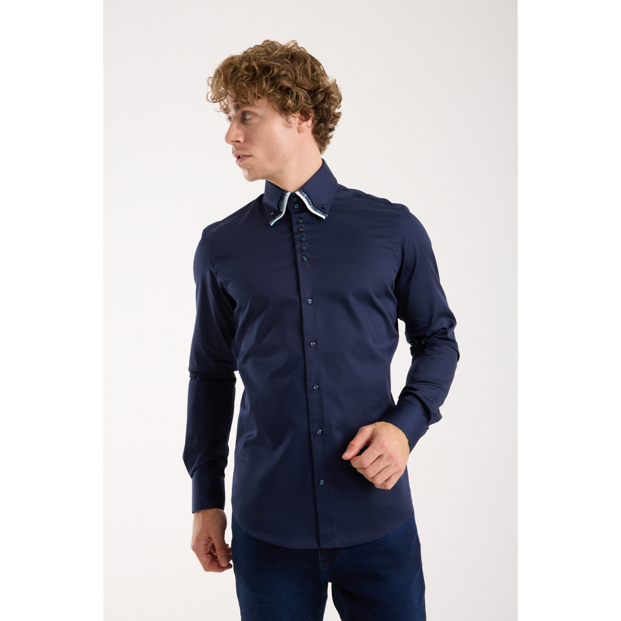 Camicia Uomo 2 Bottoni Button Down Triplo Collo Slim Satin Unito Blu