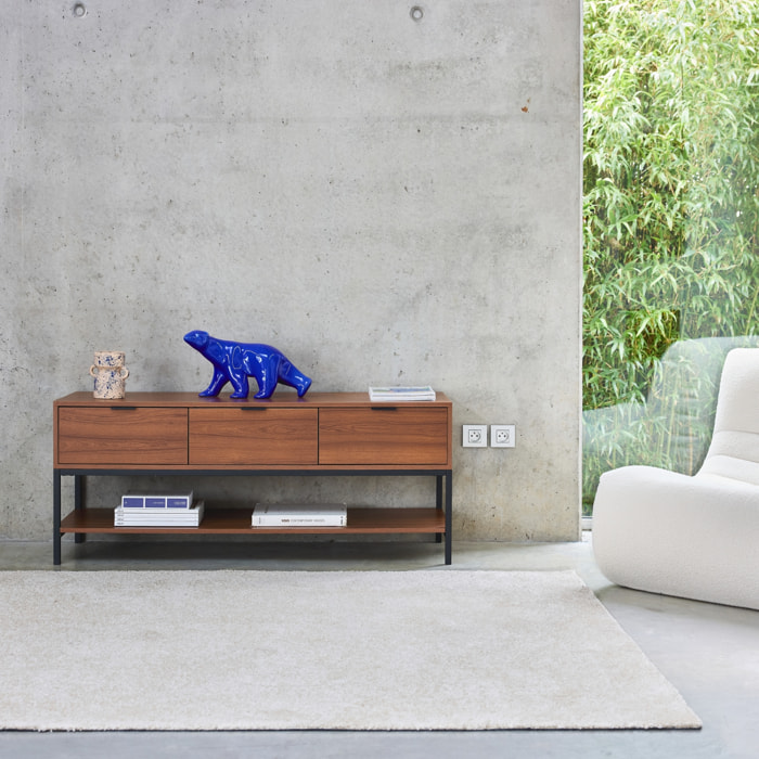 Meuble TV décor noyer L130cm avec piètement et poignées en métal noir - 3 tiroirs et 1 étagère inférieure