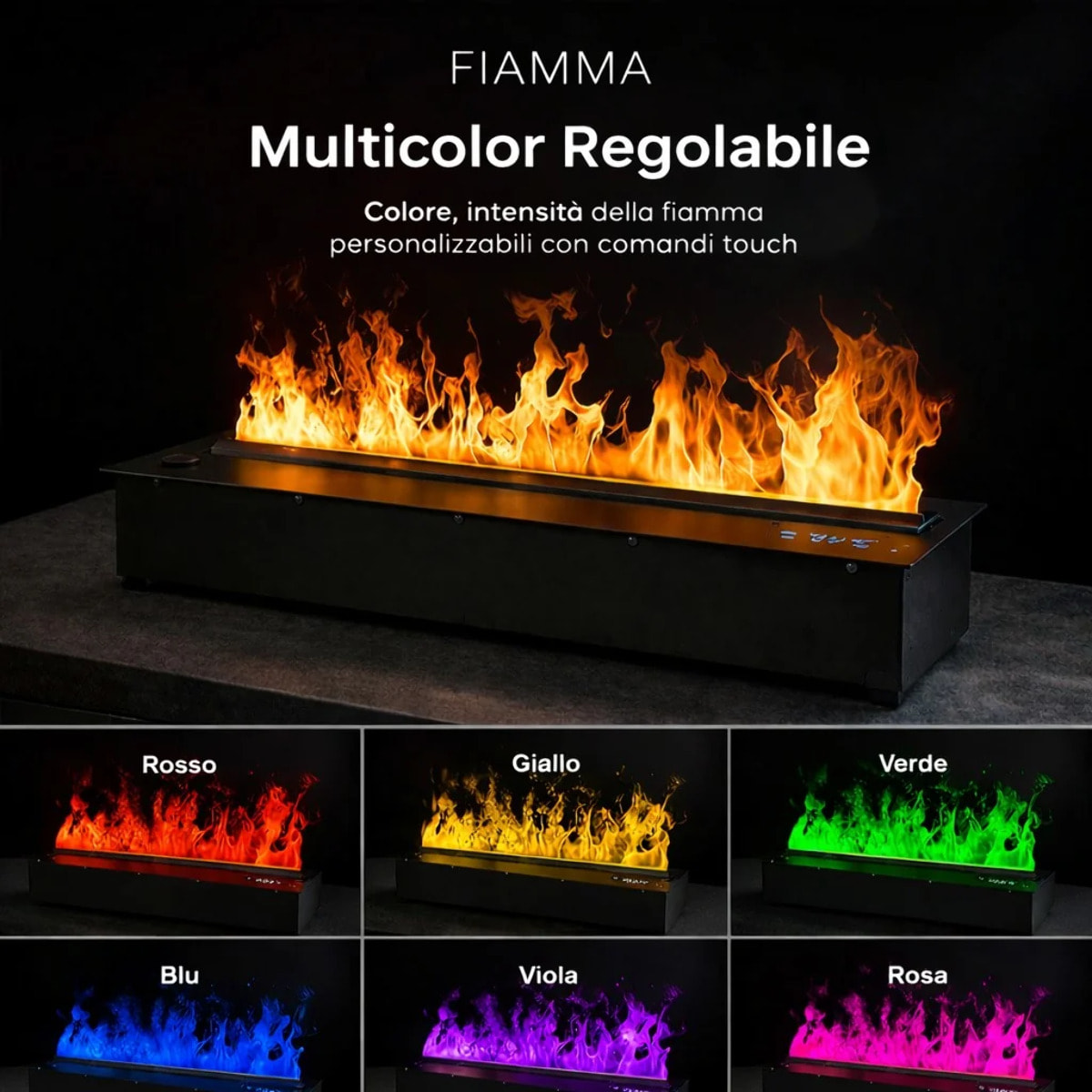 DFVAPO 120 - Inserto Camino Decorativo ad Acqua Senza Calore 120x24x21,5 cm con Effetto Fiamma a LED 3D Nero