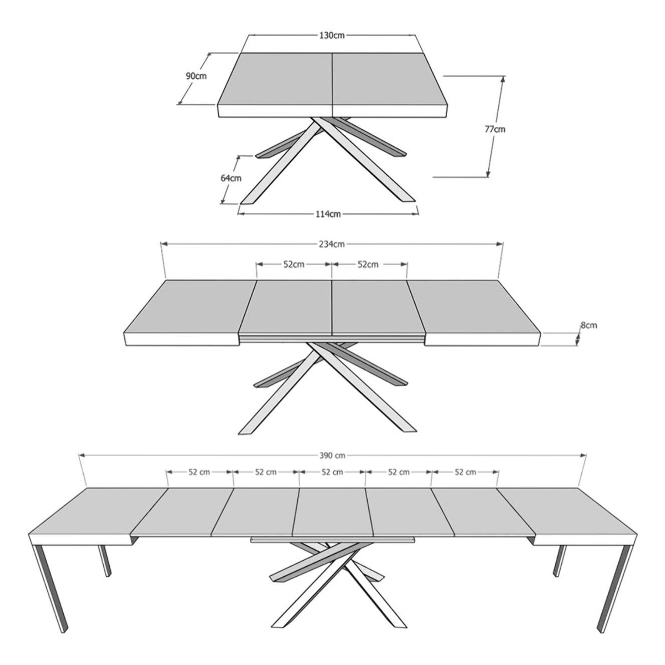 Mesa extensible 90x130/390 cm Karida cemento patas antracita