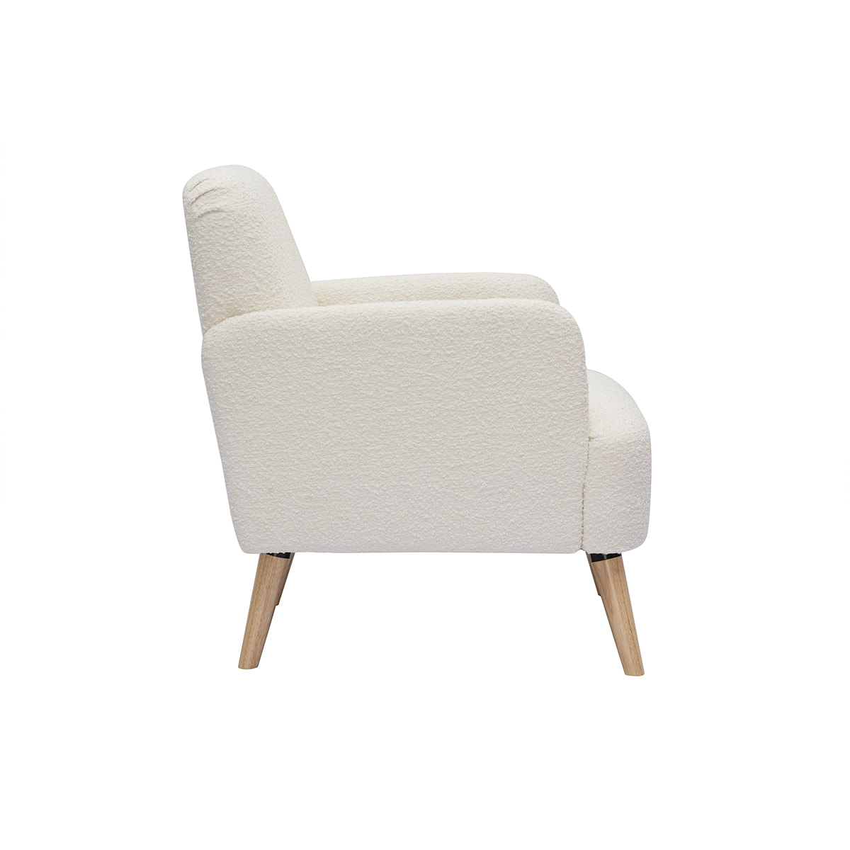 Fauteuil scandinave en tissu effet laine bouclée blanc cassé et bois clair ISKO