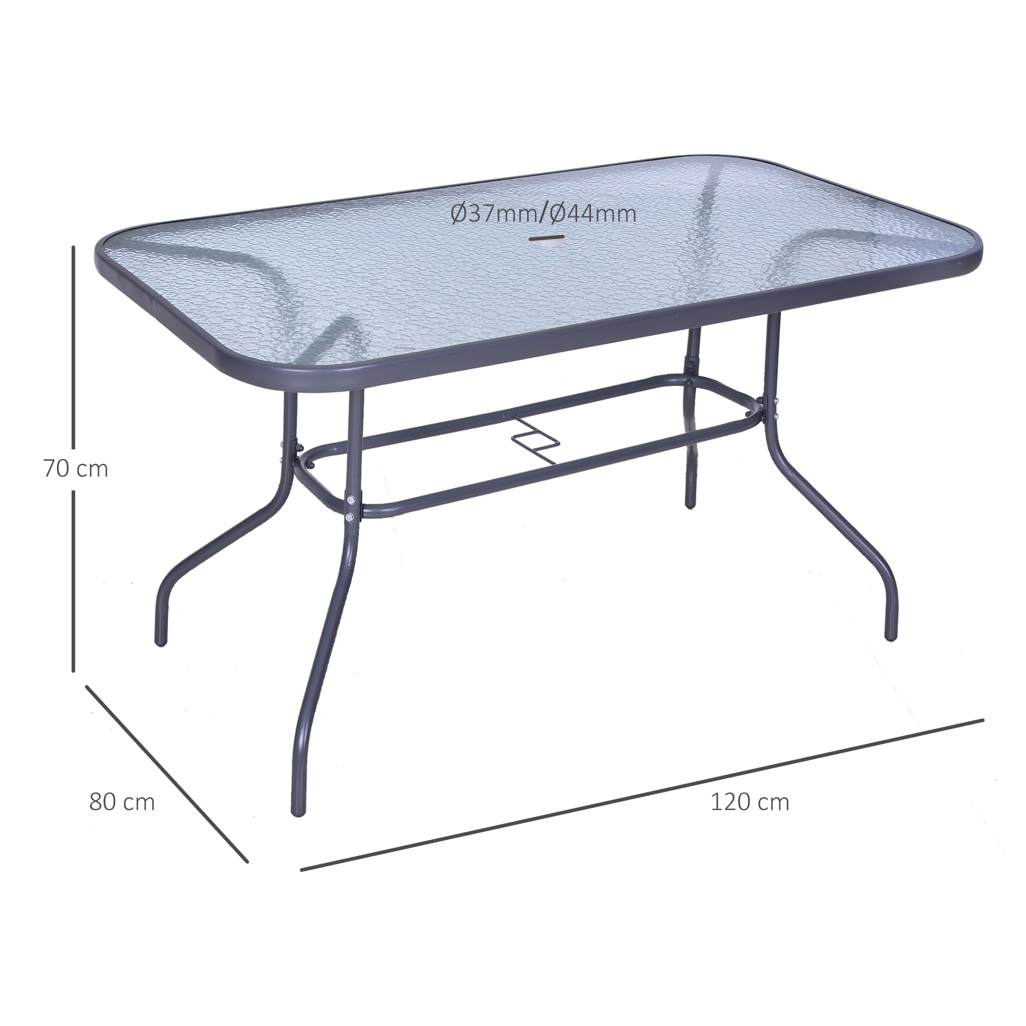 Mesa de Jardín Exterior Rectangular de Metal Orificio para Sombrilla 140x80x70cm